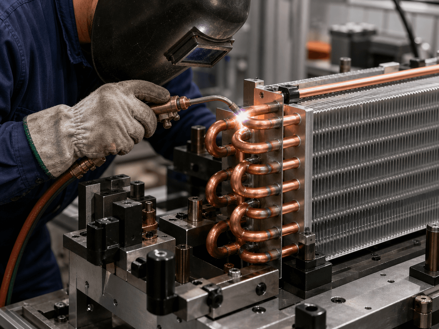 Worker brazing copper tubes onto an HVAC coil with a handheld torch