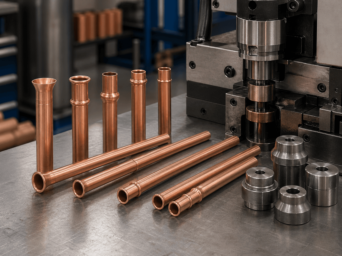 Copper tubes with flared and beaded ends beside end forming tooling