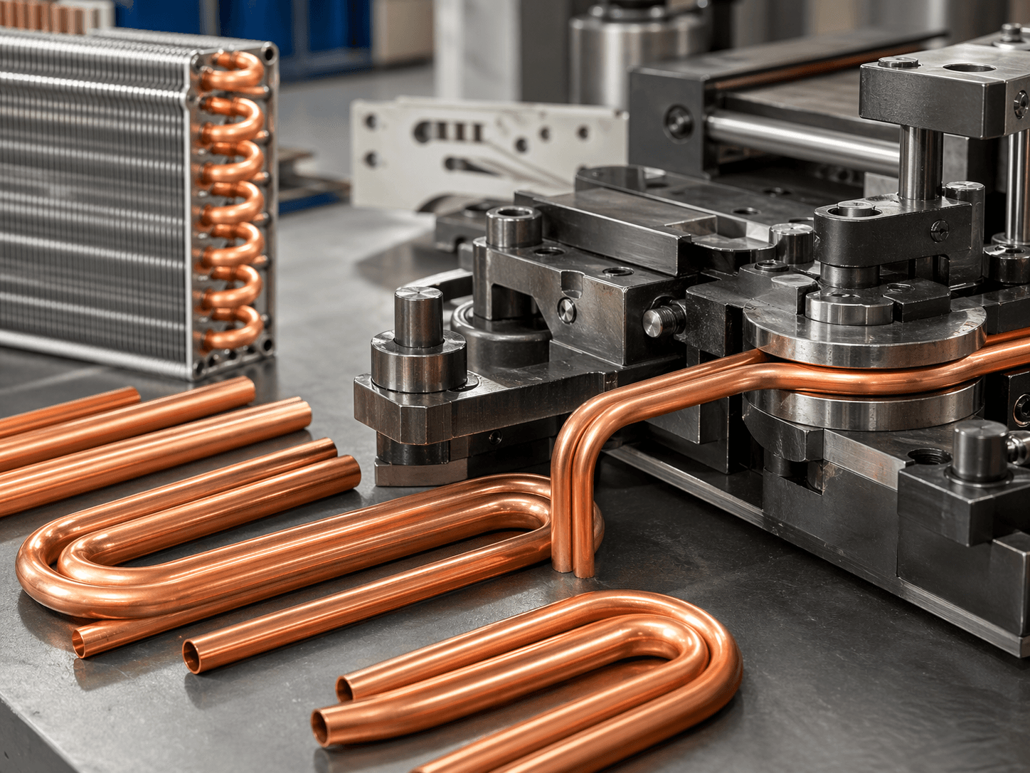 Copper tube bending setup with formed return bends and precision tooling