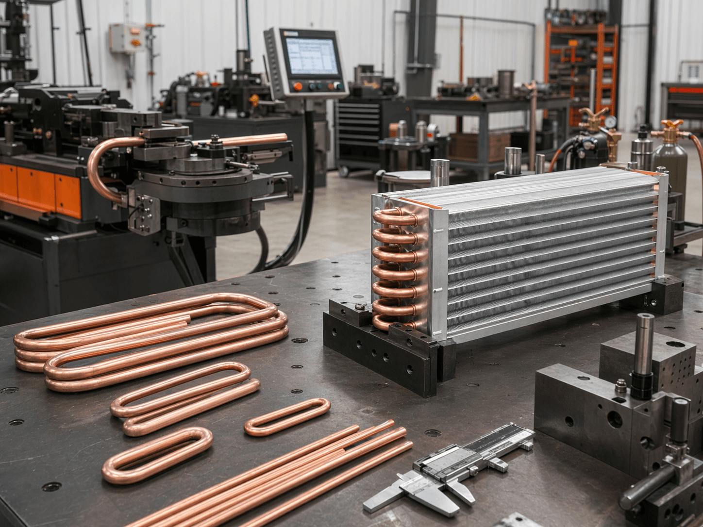 Custom copper tube forming and HVAC coil fabrication setup in a manufacturing cell