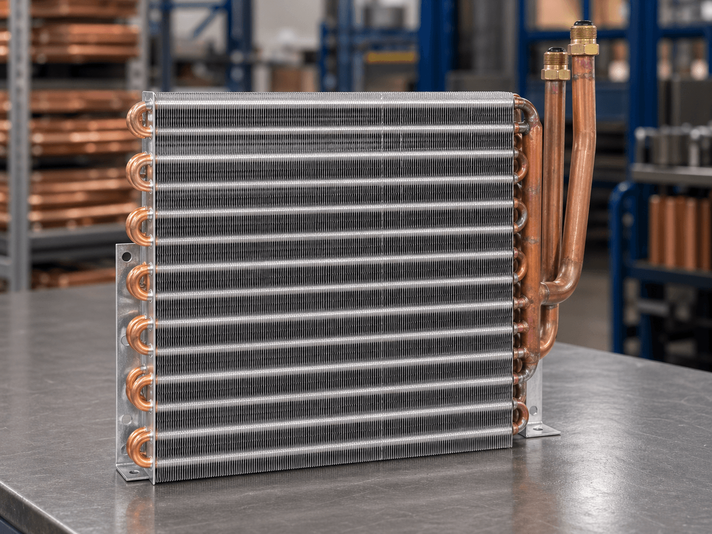Close view of a copper and aluminum HVAC heat transfer coil on an inspection table