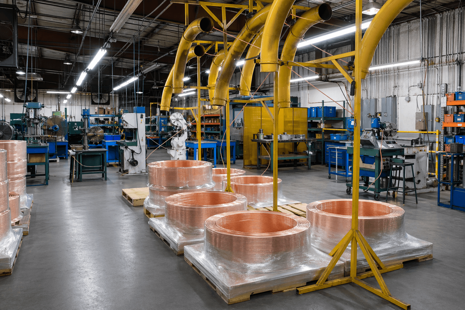 Copper tubing coils staged on the manufacturing floor