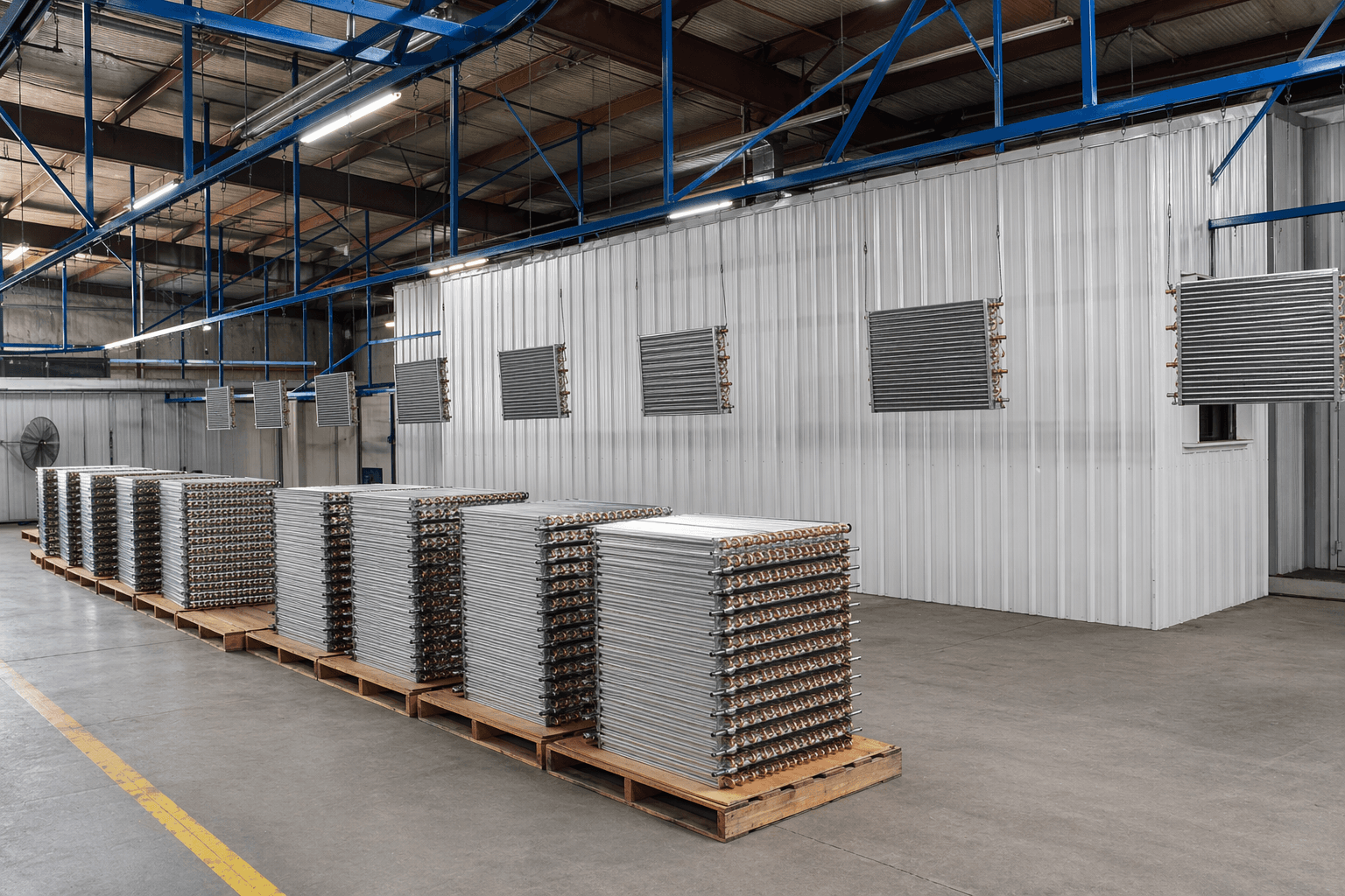 Stacks of heat exchangers staged on pallets in the production area